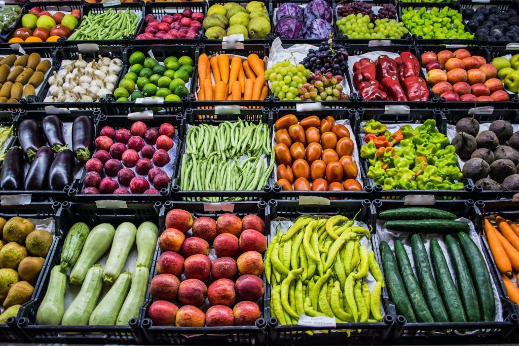 Mixed fruits and vegetables at organic fair